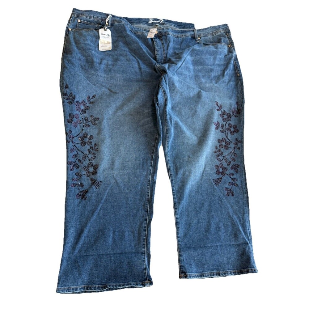 NEW Seven7 Blue Jeans Boyfriend Purple Floral Sequins Plus Sz 38/40 Limited Edt